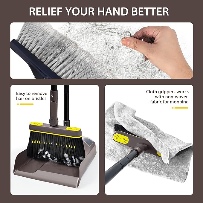 Broom and Dustpan Set for Home with 54 Inches Long Handle, Upright Stand Up Dust Pan with Teeth, 180 Degree Swivel Head Broom for Home Kitchen Lobby Room Office Floor Indoor Outdoor