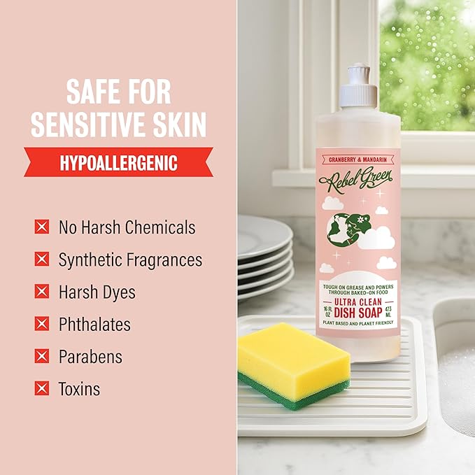 Rebel Green Super Deluxe Dish Soap - Plant-Derived Sustainable Dishwashing Soap - Cranberry & Mandarin Scent - 16 fl oz - 2 Pack