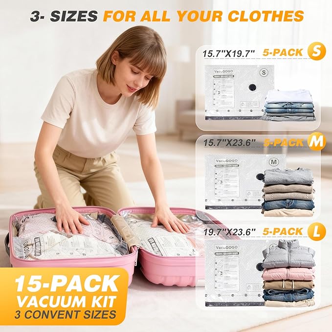Travel Vacuum Storage Bags with Pump, Carry-on Luggage Compression Bags + Portable Electric Pump, 80% Space Saver for Clothes, Vacuum Seal Bags for Clothing Packing Travel, Pack of 15