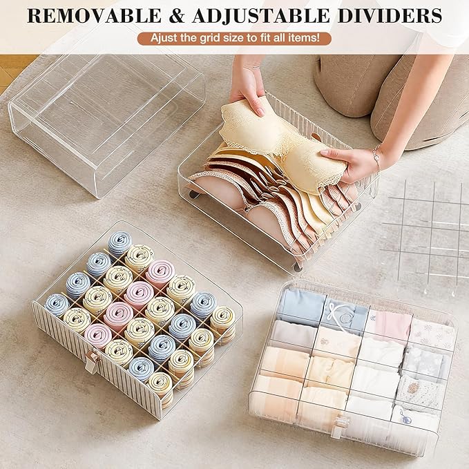 Sock Underwear Drawer Organizer - 24 Compartment Clear Acrylic Storage Bins with Removable Dividers for Closet, Stackable Dresser Drawer Box for No-Mess Socks, Tiers, Baby Clothes, Belt, Tea Bag