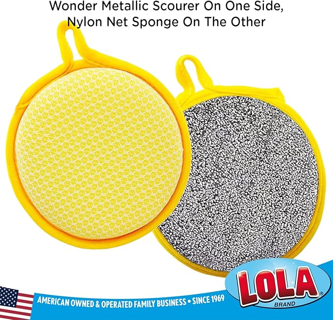 LOLA Round N' Round Wonder Non-Scratch Scouring Pad, 1 Count, Metallic on One Side, Nylon Net Sponge On Other Side, Hang Hole, Assorted Colors