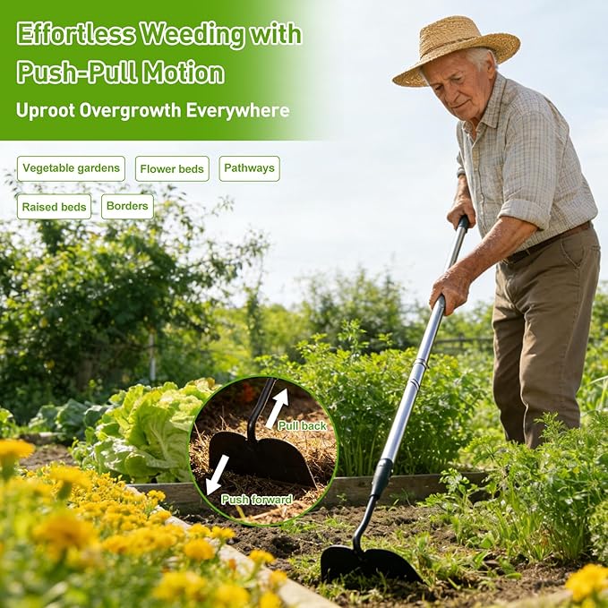 Garden Hoe for Weeding, Heavy Duty Draw Hoe Garden Tool for Plowing,Cultivating,Trenching, Ridging,Tilling Loosening Soil,Scraping Weeder with 74” Handle for Stand Gardening, Reduce Back Strain