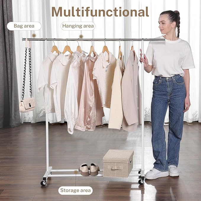 VICERII Clothes Rack, 130LB Capacity Heavy Duty Clothing Rack with Wheels and Bottom Shelf, 52.17 Inch Rolling Racks for Hanging Clothes, Coats, Shirts, Sweaters, Skirts, Dress, White