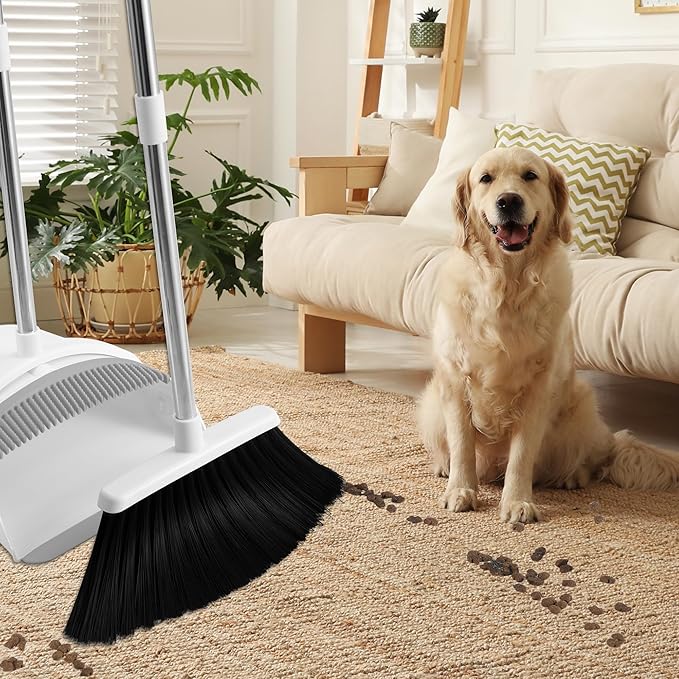 Broom with Dustpan Combo Set for Home Commercial Cleaning Supplies, Angle Broom with Long Handle Perfect for Courtyard Garage Street, White