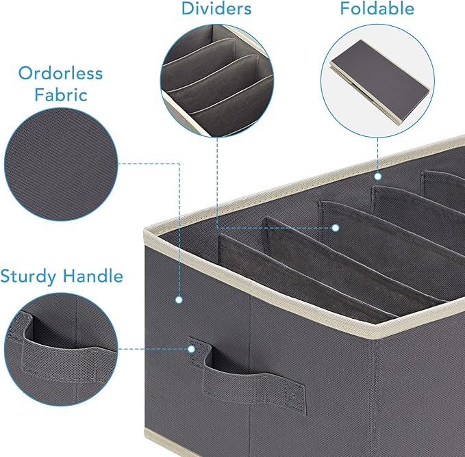 6 Pcs Large Size Wardrobe Clothes Organizers 6 Grids for Pants, Jeans, Sweater, T-shirt, Dress Stackable Closet Drawer Organizer Storage Bin Container with Sturdy Handles, Dark Grey
