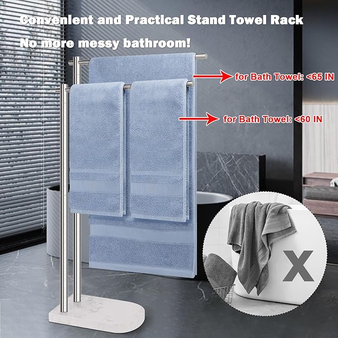 Livabber Standing Towel Rack, 304 Stainless Steel 2-Tier Towel Holder Stand with Marble Base, Modern Stylish Tall Shower Towel Bar for Bathroom Accessories, Pool（Brushed Nickel）