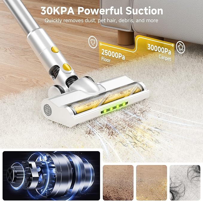 Honki Cordless Vacuum Cleaner for Home, Powerful Stick Vacuum with Rechargeable Battery, Green Light Anti-Tangle Brush, 6-in-1 Lightweight Handheld Vacuum for Pet Hair, Hard Floor, Carpet, Yellow