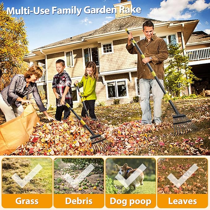 Rake for Leaves, Leaf Garden Rake, Yard Rakes for Lawns Heavy Duty, Metal Tools with 9" Small Narrow Head, 37”-79” Adjustable Long Handle, 11 Steel Tines, Quick Clean up Tool for Shrub, Camping