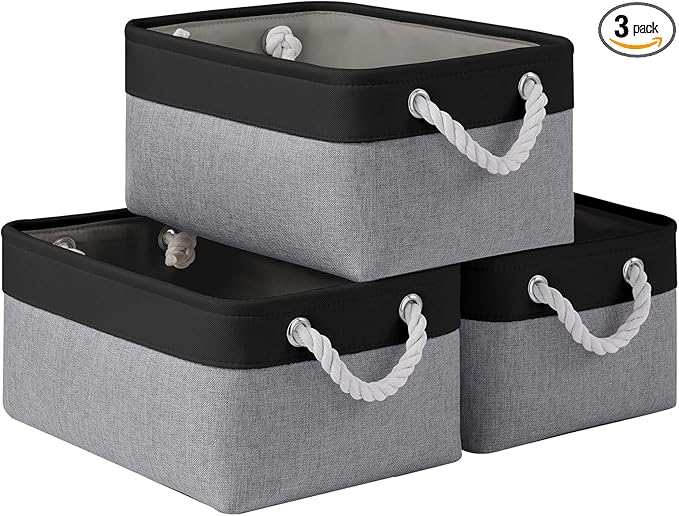 Storage Baskets for Shelves 13.8x9.8x6.7 Inch-Foldable Fabric Organizing Storage Bins with Handles, Closet & Bathroom Organizer, Home Storage for Kitchen, Office (3-Pack, Black&Gray)