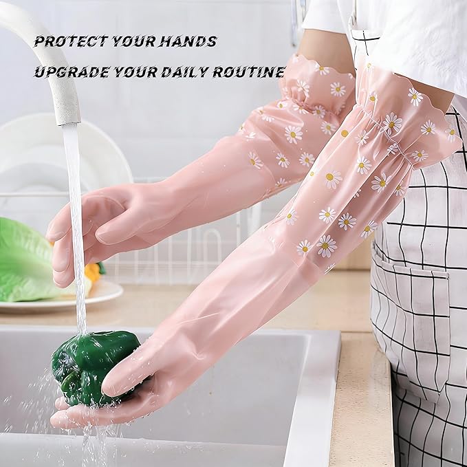 Dishwashing Cleaning Gloves Tear-Resistant Rubber Household Cleaning Gloves with Long Elastic Cuffs for Chores