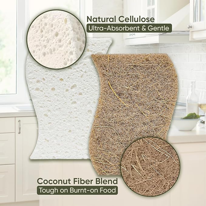 Plant-Based Kitchen Sponges (12 Pack) | USDA Biobased Certified | FSC & PETA Approved | Natural Cellulose & Coconut Scrubber Sponge | S-Shaped Design | Eco-Friendly, Non-Scratch, Non-Toxic & Vegan