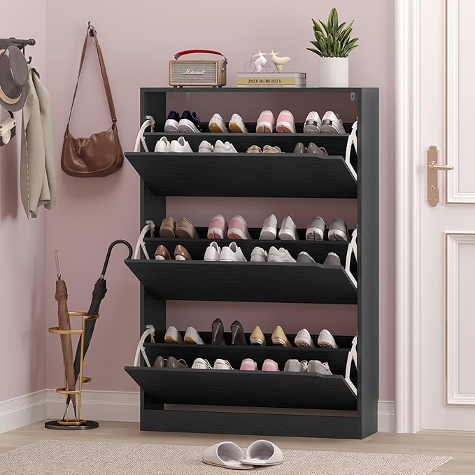 BORNOON Shoe Storage Cabinet with 3 Flip Drawers,Narrow Shoe Rack Cabinet,Freestanding Organizer Storage for Entryway, Hallway, Black
