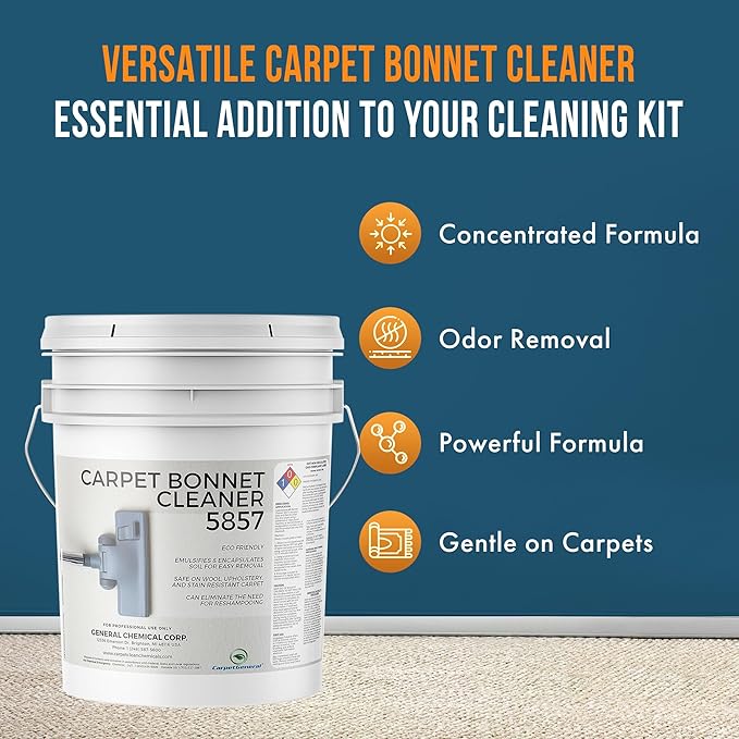 Bonnet Cleaner 5857 - Heavy Duty Shampoo Carpet Freshener Solution for Machine - Fast Drying & Pet Safe Carpet Shampoo for Rotary Cleaners, Commercial, & Industrial Use - 5 Gallon Pail