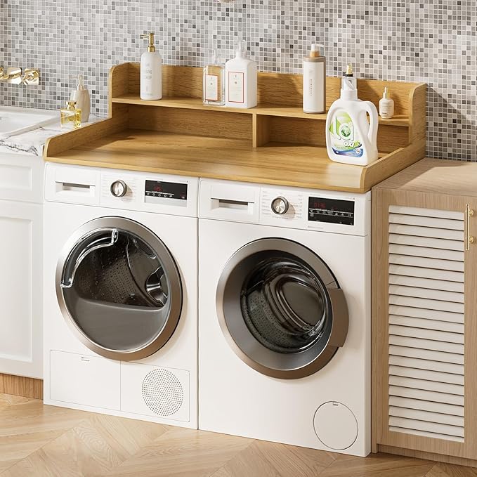 2-Tier Washer Dryer Countertop, Laundry Room Organization and Storage, 27.6" x 54" Wood Laundry Countertop for Washer and Dryer, Natural