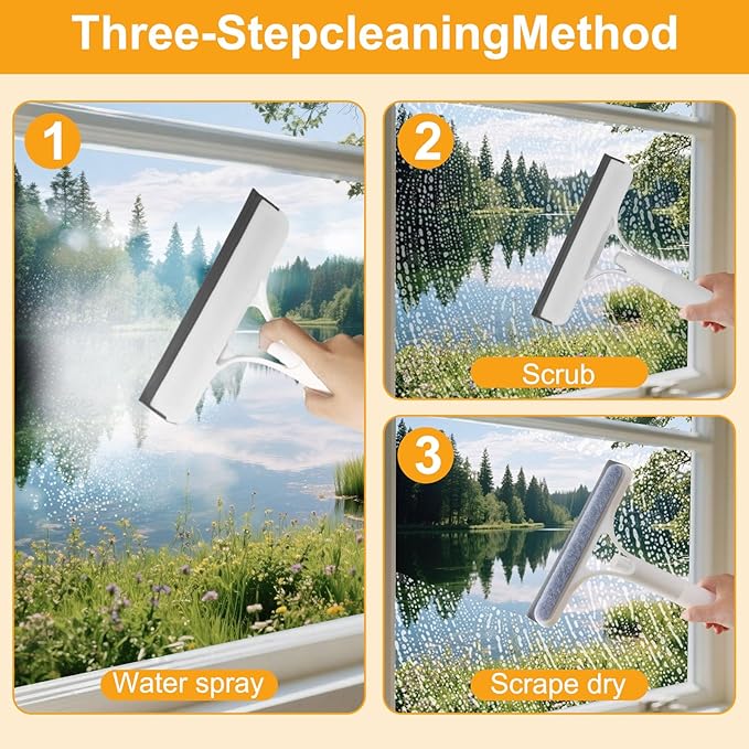 Pro 3 in 1 Window Cleaning Scraper with 2 Replaceable Cleaning Cotton Strips, 3 in 1 Spray Squeegee, Window Squeegee, Suitable for Cleaning Bathroom Glass, Mirrors, Car Windows (White)
