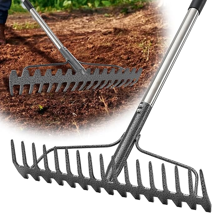 Bow Rake, 65" Heavy Duty Garden Rake with Wide 17 Tines Head & Stainless Steel Handle, Adjustable Rakes for Lawns Yard Loosening Soil Thatching Gathering Leaves Gravel