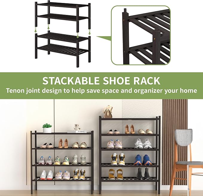 ROMGUAR CRAFT 4 Tier (Thick) Bamboo Shoe Rack for Closet Free Standing Wood Shoe Shelf for Entryway Small Space Stackable 27"x12"x28" (Black Brown)