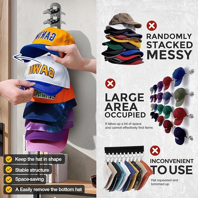 Hat Hook for Wall, 2 Pack Hat Organizer Hold up to 20 Hats,Hat Holder with Strong Adhesive and 8 Pack Screws, Cap Holder Hat Hangers for Wall Closet Door and Bedroom(B-Black)