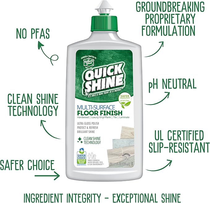 Quick Shine Multi Surface Floor Clean + Polish Mop Kit w/ 3 Reusable Pads & 1-16 oz. Floor Finish | Use Wet + Dry | Hardwood, Luxury Vinyl Plank, Laminate | Safer Choice pH Neutral Formula