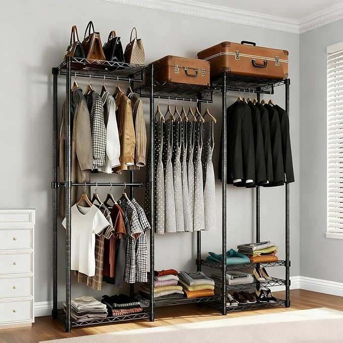 KAXIWEI Portable Closet Wardrobe – Heavy-Duty Freestanding Clothes Rack with 4 Hanging Rods & 8 Shelves, Adjustable Clothing Organizer, 67.3" L x 14.6" W x 76.8" H, Max Load 850 lbs