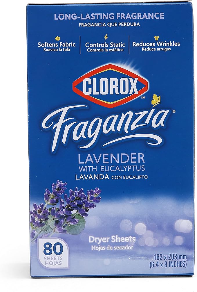 Clorox Fraganzia Fabric Softener Dryer Sheets, Wrinkle Reducing and Anti Static Laundry Dryer Sheets for Great Smelling Clothes, Softens Fabrics, Lavender with Eucalyptus Scent, 80 Count