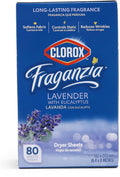 Clorox Fraganzia Fabric Softener Dryer Sheets, Wrinkle Reducing and Anti Static Laundry Dryer Sheets for Great Smelling Clothes, Softens Fabrics, Lavender with Eucalyptus Scent, 80 Count
