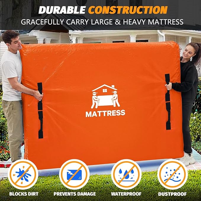 Mattress Bags for Moving, BETU Mattress Protector Waterproof Mattress Cover Queen Size Storage Bags with 8 Heavy-Duty Handles and Zipper for Bed Extra Thick Large Reusable (82"x62"x15" Orange)