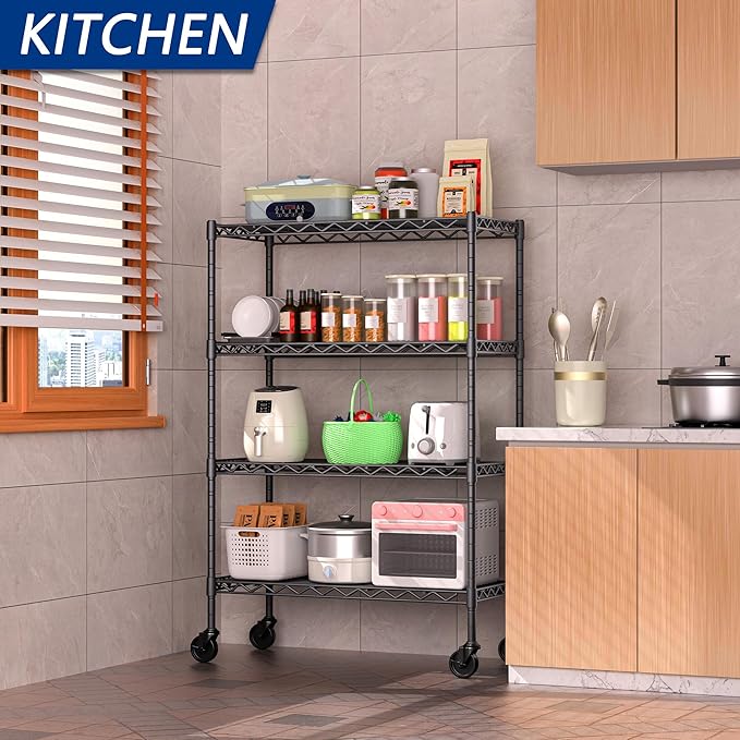 Soywey 4-Shelf Adjustable Heavy Duty Storage Shelving Unit on 4 Wheel Casters, Metal Organizer Wire Rack for Laundry Bathroom Kitchen Pantry Closet, Black