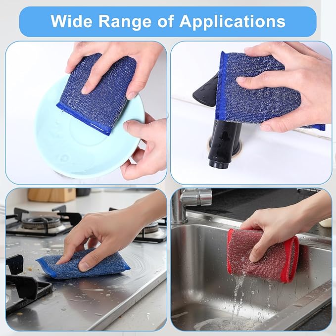 6 Pack Steel Wool Scrubber Sponges, Heavy Duty Stainless Steel Scouring Pads Reusable Non Scratch Metal Sponges Hand-Friendly Kitchen Cleaning Tool for Pots and Pans Tough Grease & Grime (3 Colors)