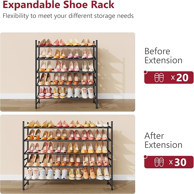 Tajsoon Expandable Shoe Rack for Closet 5 Tier, 29“-41“Adjustable & Stackable Shoe Shelf Storage, Metal Shoe Rack Organizer for Front Door Entrance, Closet, Garage, Entryway, Black
