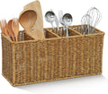 Extra Large Kitchen Utensil Holder with 4 Compartments, Handwoven Resin Wicker Utensil Caddy, Farmhouse Rustic Flatware Organizer for Countertop, Quick-Dry Storage Basket
