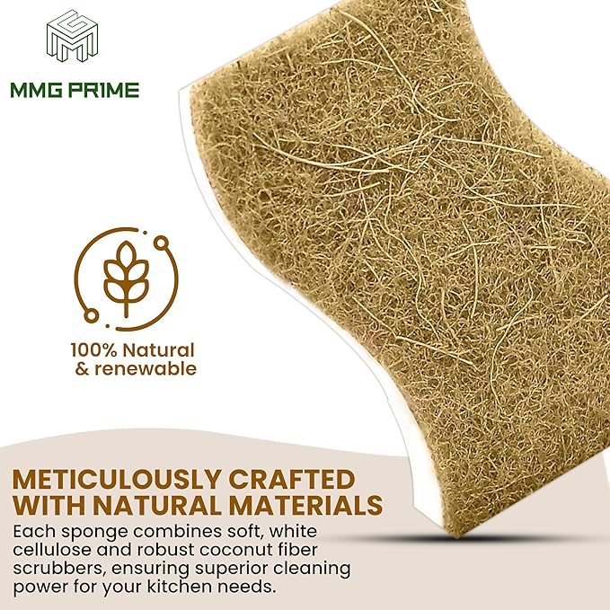Natural Kitchen Sponge –12-Pack Biodegradable Sponges for Dishes –Compostable Dish Washing Scrubbers – Eco Friendly Non-Scratch Cellulose & Coconut Husk Scrubber Sponges for Cleaning