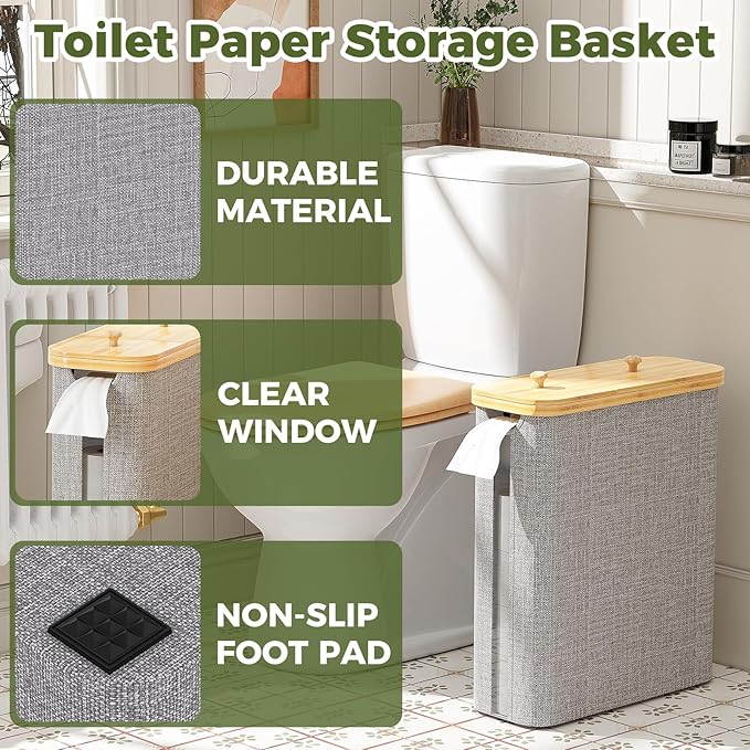 42L Toilet Paper Basket with Bamboo Lid, Toilet Paper Storage with Toilet Paper Holder & Non-Slip Mat for Bathroom Organizer, Holds up to 19 Regular Rolls or 14 Mega Rolls, Collapsible & Stackable