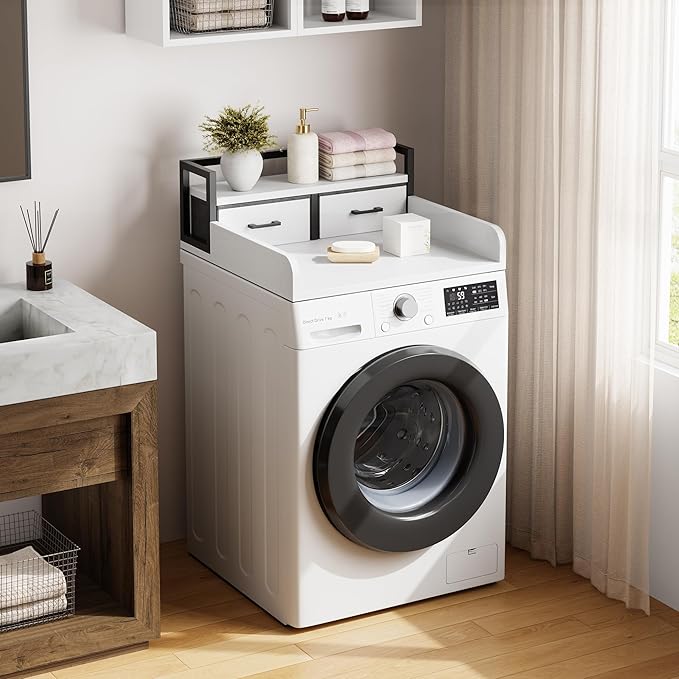 2-Tier Washer Dryer Countertop, Washing Machine Countertwith Shelf and 2 Drawers, Washer and Dryer Topper with High Guardrails, Smooth Edges, for Laundry Hamper Counter Storage Organization