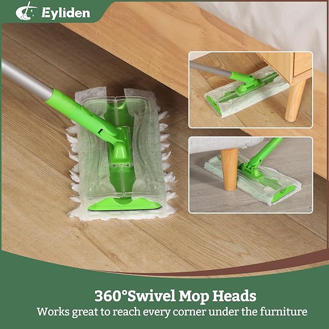 Eyliden Sweeper Mop with 36 Refills - 3 Types of Disposable Dry & Wet Cloths | Lock-Tight Design No Lost Pads, Universal Refills, Multi-Surface Sweeping Starter Kit for Pet Hair, Dust, Floor Cleaning