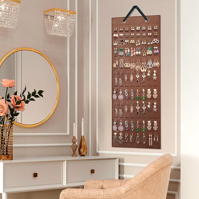 Lolalet Hanging Earring Holder Organizer with 20 Hooks for Women, Earring Organizer Wall Earrings Hanger Pierced Earring Storage, Felt Stud Earring Display, 608 Holes for Earrings - Brown, 1 Pack