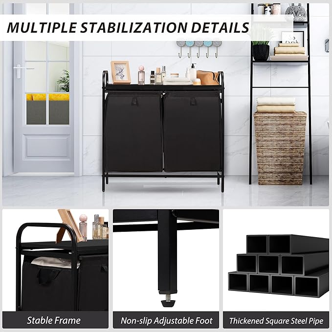 2 Section Laundry Hamper with Shelf, Laundry Basket Organizer with 2 Pull-Out Removable Bags 2×13.2Gal(49.9L), Laundry Sorter for Clothes Organization in Bedroom, Laundry Room, Black