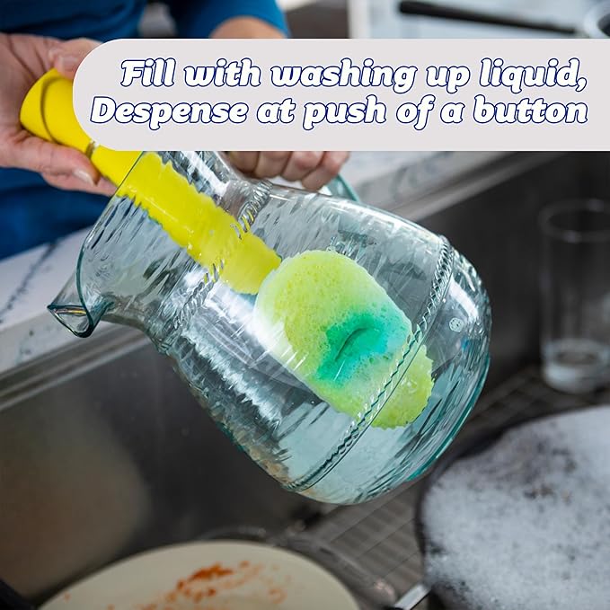 Scrub Daddy Dish Daddy Dish Wand & Refill Heads, Soap Dispensing Dish Brush, Texture Changing Washing Up Sponge With Liquid Handle, Dish Sponge with Built-in Scraper & Scrubbing Head, Drip stand, Blue