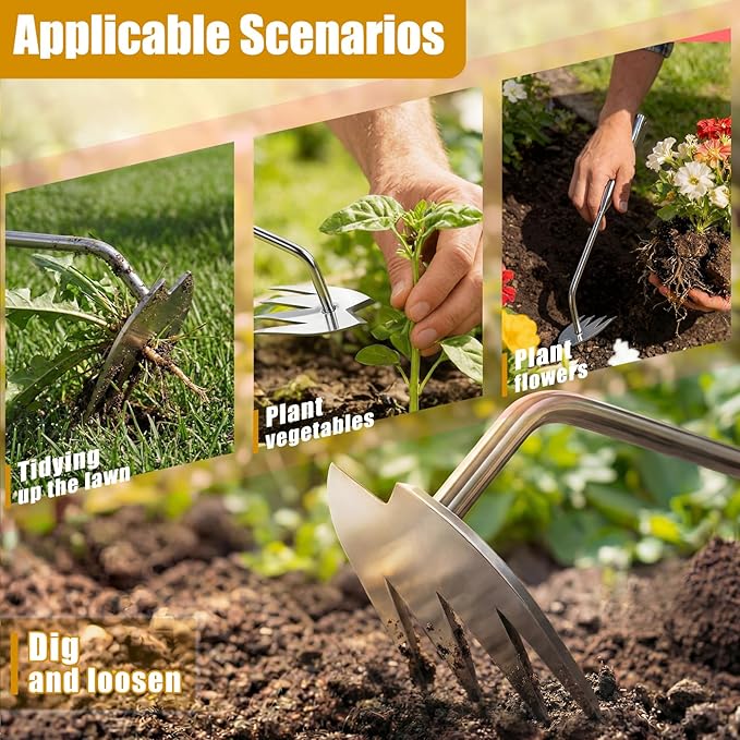 3 Pack Heavy Duty Stainless Steel Weed Puller Tools 4 Tooth V Head Manual Hand Weeder for Dandelions, Thistles Deep Roots, Manual Garden Weed Removal Tools for Lawn, Yard and Flower Beds
