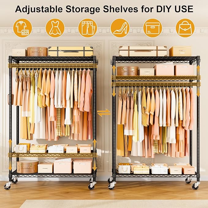 ULIFHOME P7 Rolling Clothes Rack, Clothing Racks for Hanging Clothes, Heavy Duty Garment Rack with Wheels, 3 Tiers Freestanding Portable Closet Rack 45''W × 20.5''D × 80.5''H, Max Load 480 lbs, Black