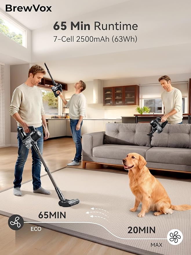 BrewVox Telescopic Cordless Stick Vacuum Cleaner for Home & Pet Hair, 25W Motorized Tri-Clean Brush, 40kPa Powerful Suction, 450W Motor, 65 Min Runtime, 2.5H Quick Rechargeable for Carpets, All Floors