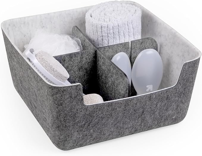 Three by Three Seattle felt·like·it!™ Medium Cubby Storage Bin Set of 2 with Dividers – Eco-Friendly Recycled Felt Bins for Home & Office Organization, Charcoal