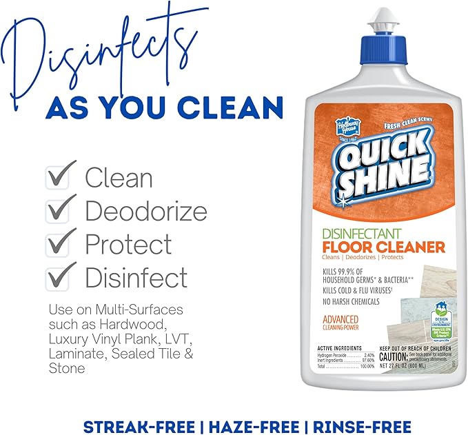 Quick Shine Disinfectant Floor Cleaner 27oz | Hospital Level Disinfectant Kills 99.9% Germs & Bacteria | Cleans w/Power of Hydrogen Peroxide & No Harsh Chemicals | Streak Free & Zero Residue
