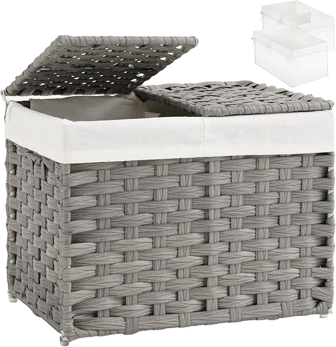 Storage Basket with Lid Woven Wicker Baskets with 2 Separate Lid, 9.2 Gallon (35 L) Wicker Storage Bins with Handles, Foldable and 2 Removable Liner Bags for Bedroom, Laundry Room Gray