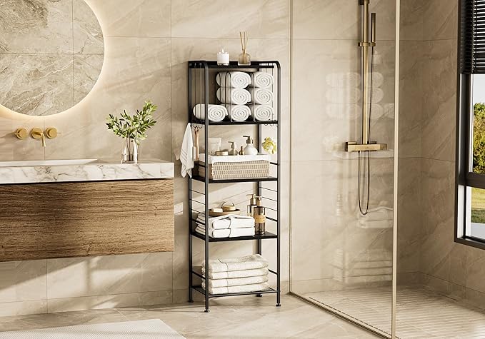 TETOTE 5-Tier Towel Storage for Bathroom Free Standing Towel Rack with M-Shaped Detachable Dividers& Hooks, Pool Towel Organizer Shelf Black
