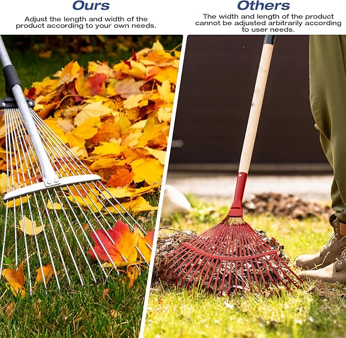 Adjustable Metal-Leaf Rake with Telescopic Handle - Lawn & Garden Tool for Grass, Leaves & Shrubs - Heavy Duty Yard Rake for Adults, Women & Kids