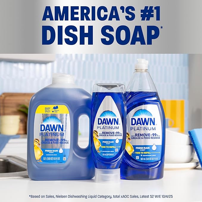 Dawn Platinum Refill Jug Dish Soap, Fresh Rain Scent Liquid Dishwashing Detergent Powerful Dawn Dish Soap for Tough Grease Removal Dishwashing Liquid Value Pack, 51.5 oz (Pack of 2)