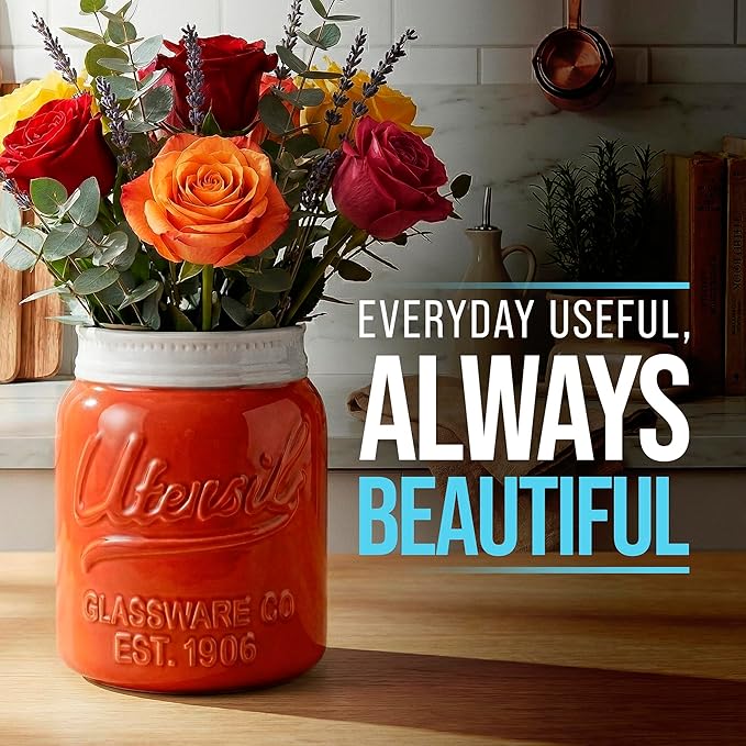 Comfify Wide Mouth Mason Jar Utensil Holder Decorative Kitchenware Organizer Crock, Dishwasher Safe - Kitchen Caddy, Large Size 7" High - Coral