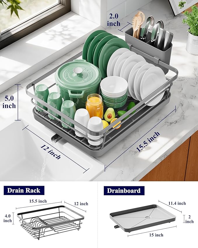 Kitsure Dish Drying Rack for Kitchen Counter, Stainless Steel Sink Organization and Storage Essentials with Cutlery Holder, Home and Appartment Decor, 12''W x 15.5''L, Grey