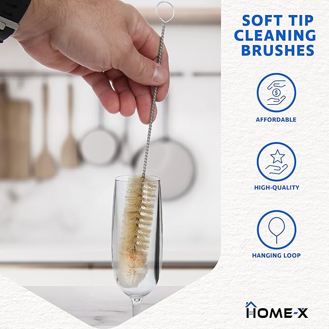 HOME-X Soft-Tip Cleaning Brush Set, Soft Scrub Brush with Long Handle, Handy Crevice-Cleaning Tool, Glassware-Cleaning Brush, Set of 3